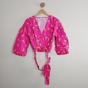 Color Me Courtney Target Pink Watermelon Fruit Print Puff Sleeve Wrap Crop Top S